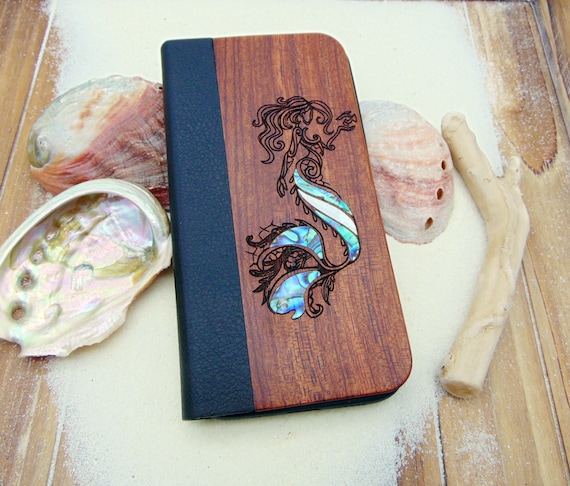 Wallet phone case, iphone 11, 12, 13 pro max Mermaid design engraved wood case with abalone shell, personalized birthday gift