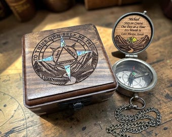Personalized Sobriety Compass with Abalone Shell Inlay Wood Box, Recovery, One Day at a Time