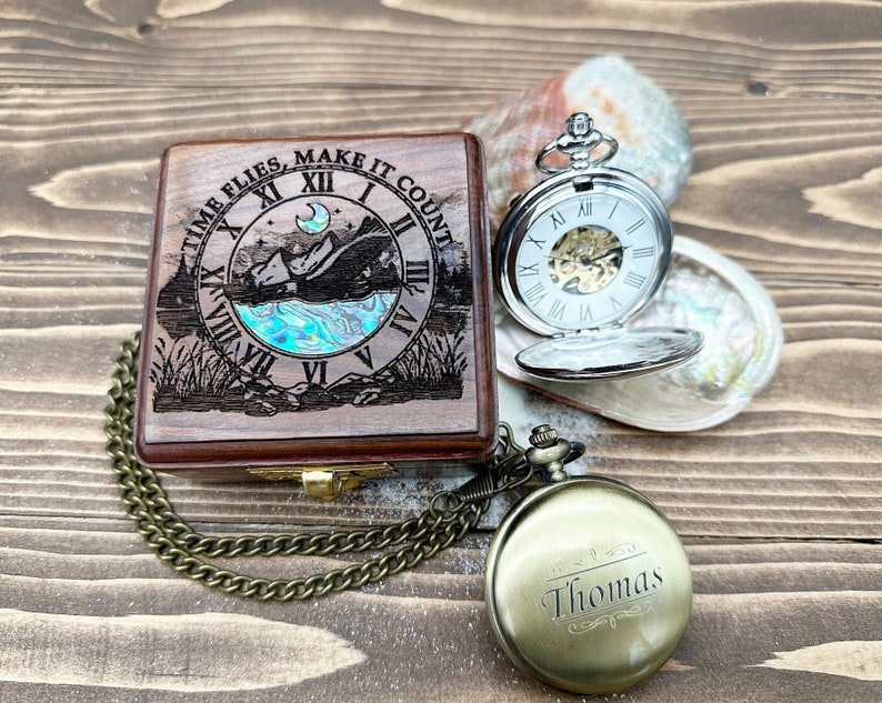 Engraved Pocket Watch in Exquisite Abalone Decorated Keepsake Box Personalized Gift for Special Occasions image 1