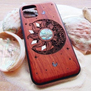 iPhone 15, 14, 13 pro max case, samsung galaxy S24, S23, S22 ultra, Sun and moon design, engraved with abalone shell, phone case