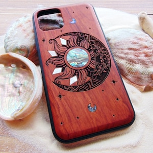 iPhone 15, 14, 13 pro max case, samsung galaxy S24, S23, S22 ultra, Sun and moon design, engraved with abalone shell, phone case