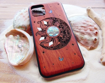 iPhone 15, 14, 13 pro max case, samsung galaxy S24, S23, S22 ultra, Sun and moon design, engraved with abalone shell, phone case