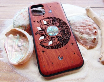 iPhone 15, 14, 13 pro max case, samsung galaxy S24, S23, S22 ultra, Sun and moon design, engraved with abalone shell, phone case