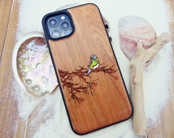 Bird lover gift iPhone 15, 14, 13 Pro case, Samsung Galaxy S22, S23, S24 Pixel 7 bluebird design custom abalone shell inlay phone case