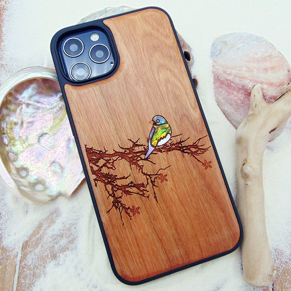 Bird lover gift iPhone 15, 14, 13 Pro case, Samsung Galaxy S22, S23, S24 Pixel 7 bluebird design custom abalone shell inlay phone case