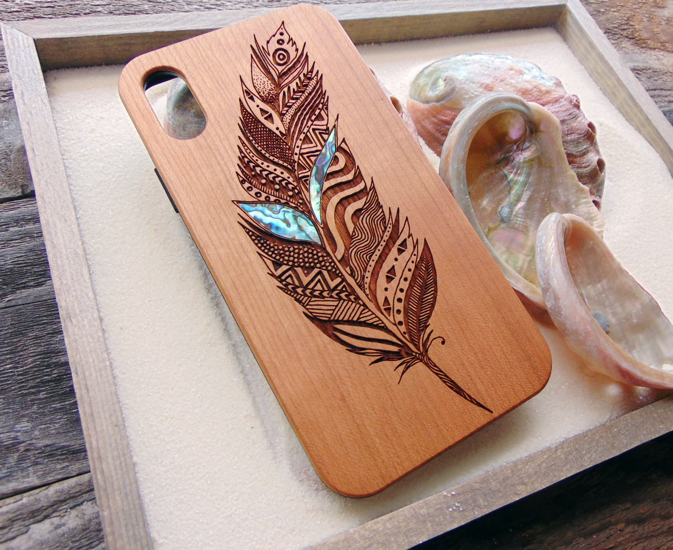 Feather design wooden phone case personalized gift abalone shell inlay