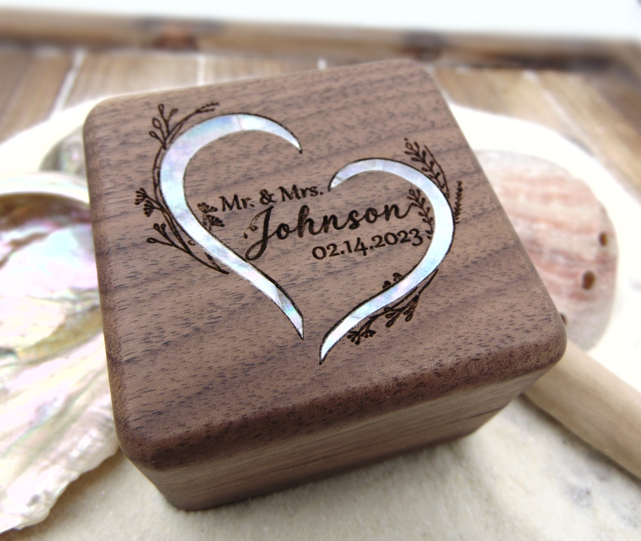 Personalized engagement ring box for wedding ceremony, custom engraved walnut ring bearer box