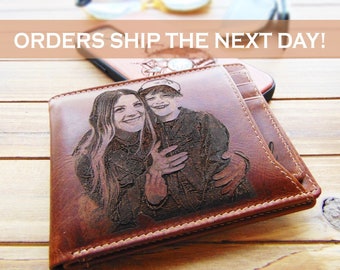 Father's Day gift personalized leather mens wallet with removable cardholder, custom birthday, anniversary gift for him, photo engraved