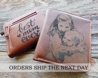 Personalized wallet gift for her, Photo engraved purse, minimalist RFID leather wallet, customized gift for mom, mothers day gift