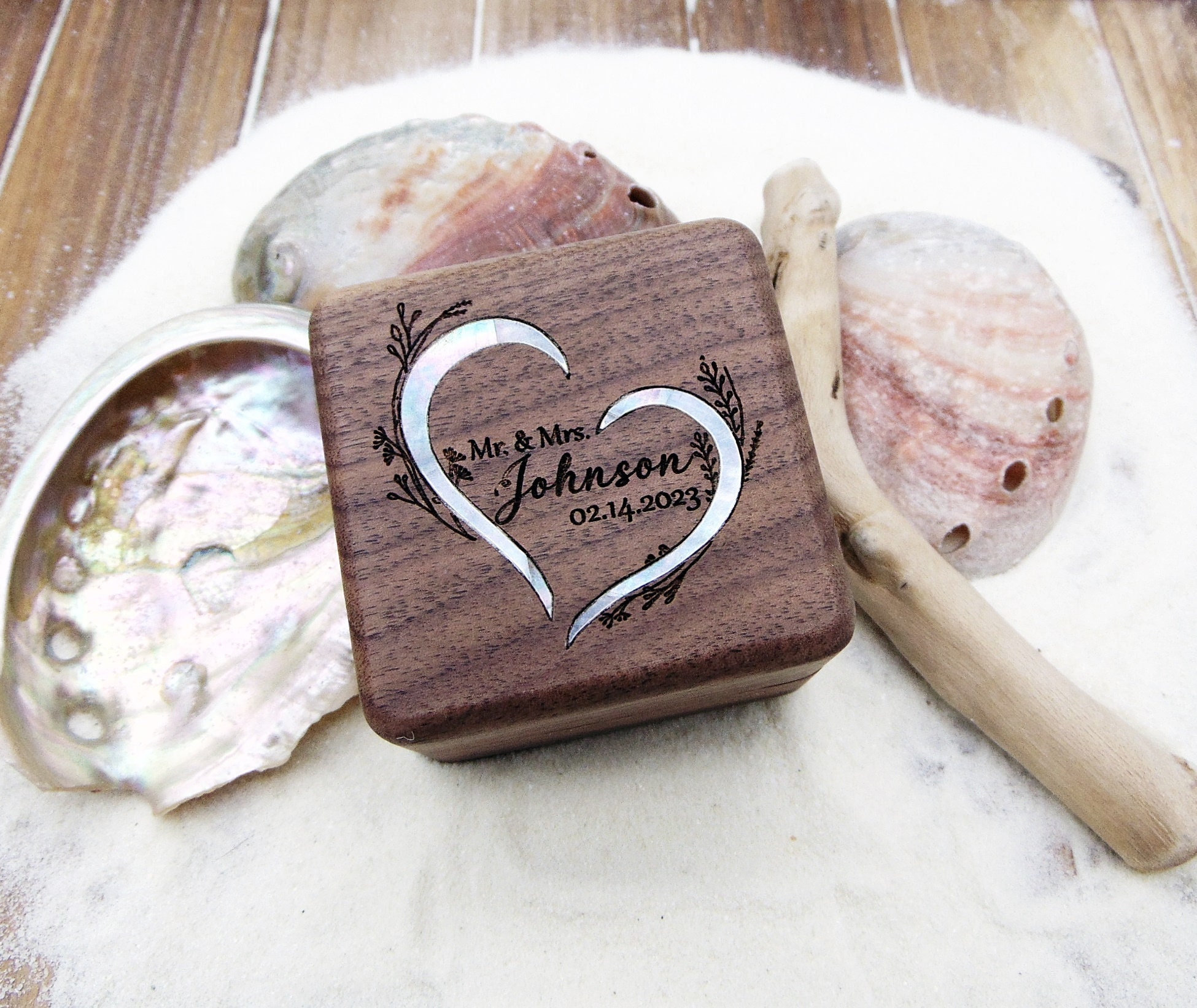 Personalized engagement ring box for wedding ceremony, custom engraved walnut ring bearer box