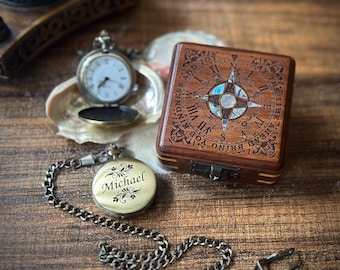 Personalized Pocket Watch in Abalone Decorated Keepsake Box - Sentimental Gifts for Boyfriend - Groomsmen Gift