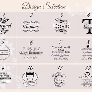 May include: A grid of twelve black and white design options labeled Design Selection. Each square features unique typography, floral flourishes, tuxedo graphics, and personalized text such as Michael, Thomas, David, and various sentimental phrases.