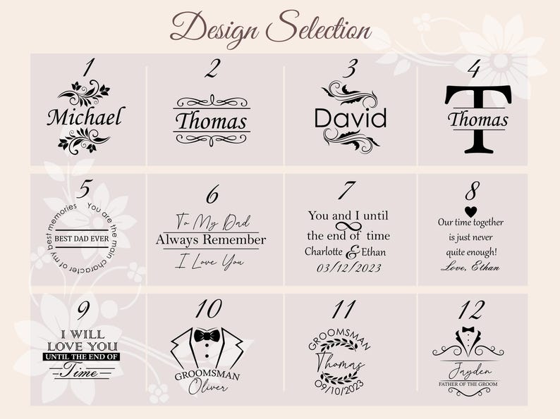 May include: A grid of twelve black and white design options labeled Design Selection. Each square features unique typography, floral flourishes, tuxedo graphics, and personalized text such as Michael, Thomas, David, and various sentimental phrases.