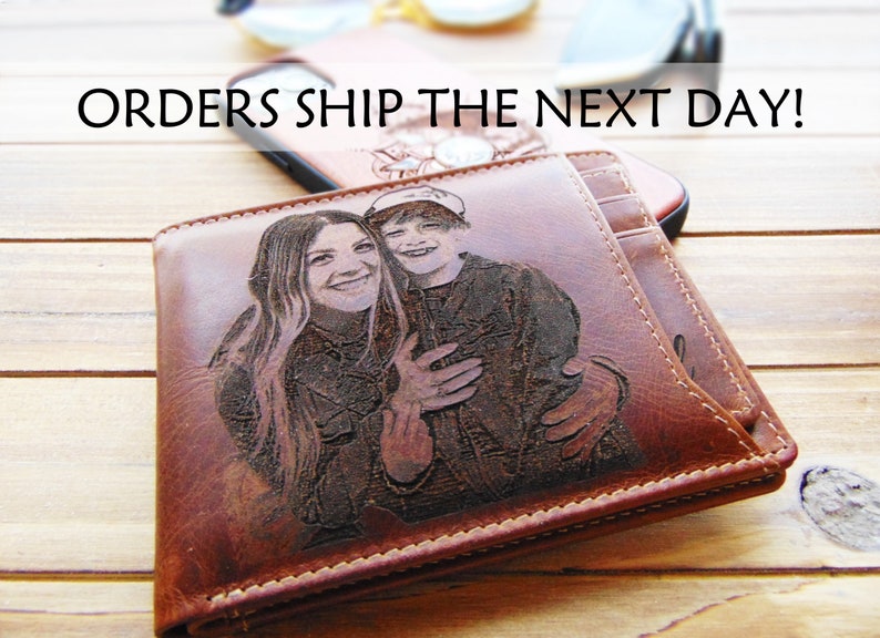 Personalized fathers day gift wallet for man, photo engraved leather mens wallet, birthday gift for him, slim RFID wallet, gift for men 
