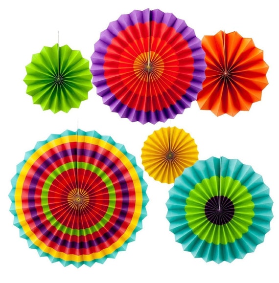 6 Pack of Party Hanging Paper Fans With Multicoloured Patterns Etsy