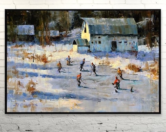 Pond Hockey Canvas Print from Original Painting - Hockey Art Wall Decor Kids Room, Boys Room, Man Cave, Gift - Rural Outdoor Ice Hockey Game