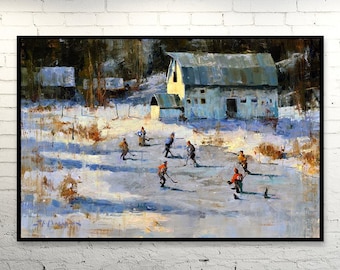 Pond Hockey Canvas Print from Original Painting - Hockey Wall Art Decor Kids Room, Boys Room, Man Cave - Gift - Outdoor Ice Hockey Game