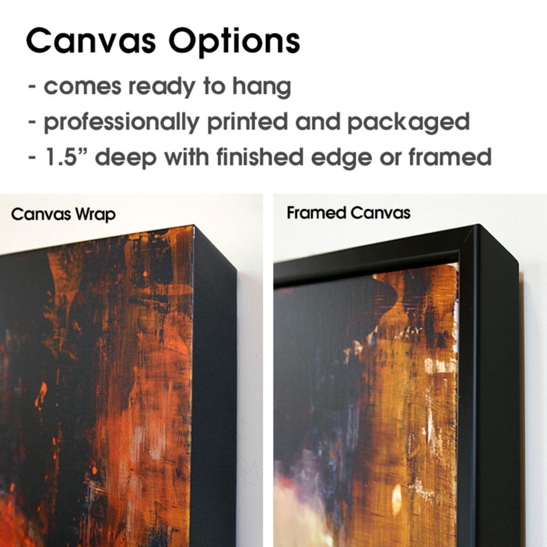 K&ouml;nnte beinhalten: Bild mit Leinwandoptionen. Der Text lautet "Leinwandoptionen" und listet Merkmale wie fertig zum Aufh&auml;ngen, professionell gedruckt und 3,8 cm tief mit fertiger Kante oder gerahmt auf. Zwei Beispiele werden gezeigt: eine Leinwand und eine gerahmte Leinwand.