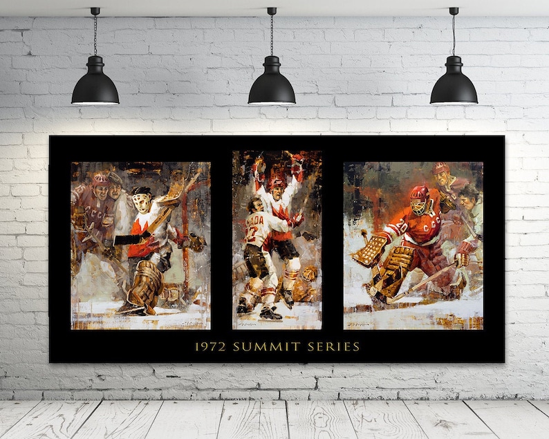 Summit Series Canvas Print 3 Images in One with Black Background 1972 Summit Series Hockey Art Team Canada vs Soviets, Hockey Decor image 1