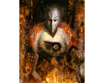 May include: An abstract painting of a hockey goalie in a white and orange jersey with the Philadelphia Flyers logo. The goalie wears a silver mask and brown gloves. The artwork has a textured, painterly style with orange and brown tones.