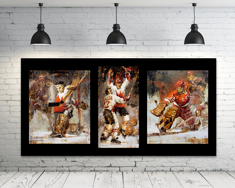 Summit Series Canvas Print 3 Images in One with Black Background Team Canada vs Soviets 1972 Summit Series Hockey Art Decor, Hockey Gift image 1