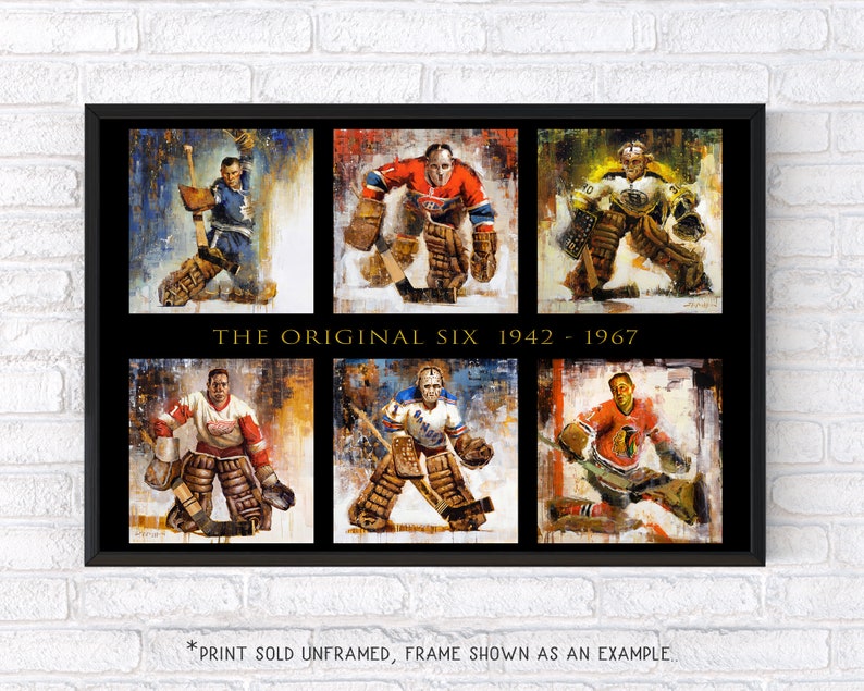 Original Six Hockey Wall Art Poster or Metal Print of Original Paintings NHL Original 6 Goalies Goaltenders Hockey Gift Horizontal image 2