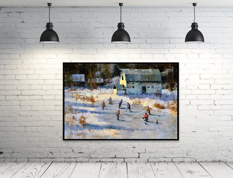 Pond Hockey Canvas Print from Original Painting Hockey Wall Art Decor Kids Room, Boys Room, Man Cave Gift Outdoor Ice Hockey Game image 1