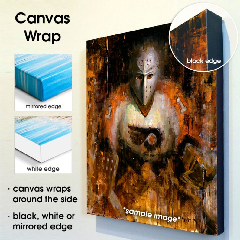 K&ouml;nnte beinhalten: Leinwanddruck mit einem Hockey-Torwart im Flyers-Trikot. Das Kunstwerk hat einen strukturierten, malerischen Stil mit Orange- und Braunt&ouml;nen. Die Leinwand wird um die Seiten gewickelt, mit schwarzen, wei&szlig;en oder gespiegelten Kanten. Der Text "Canvas Wrap" steht oben.