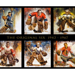 Original Six Hockey Wall Art Poster or Metal Print of Original Paintings NHL Original 6 Goalies Goaltenders Hockey Gift Horizontal image 1