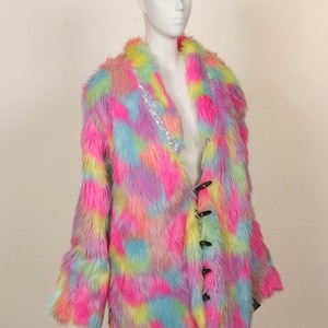 Reversible Rainbow Faux Fur and Satin Steampunk Fish Patterned Coat with Light-up Fiber Optics (Women&#39;s M)
