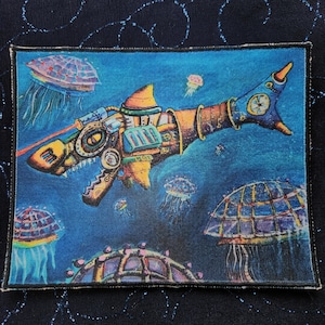 Shark Patch: Steampunk Ocean Art, Satin Sew-On Applique (6” x 5”)