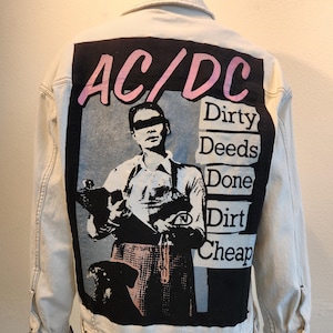 AC/DC Upcycled Jean Jacket (XXL Women’s) – Vintage Denim with Iconic Band T-Shirt Back – Rock & Roll Statement Piece