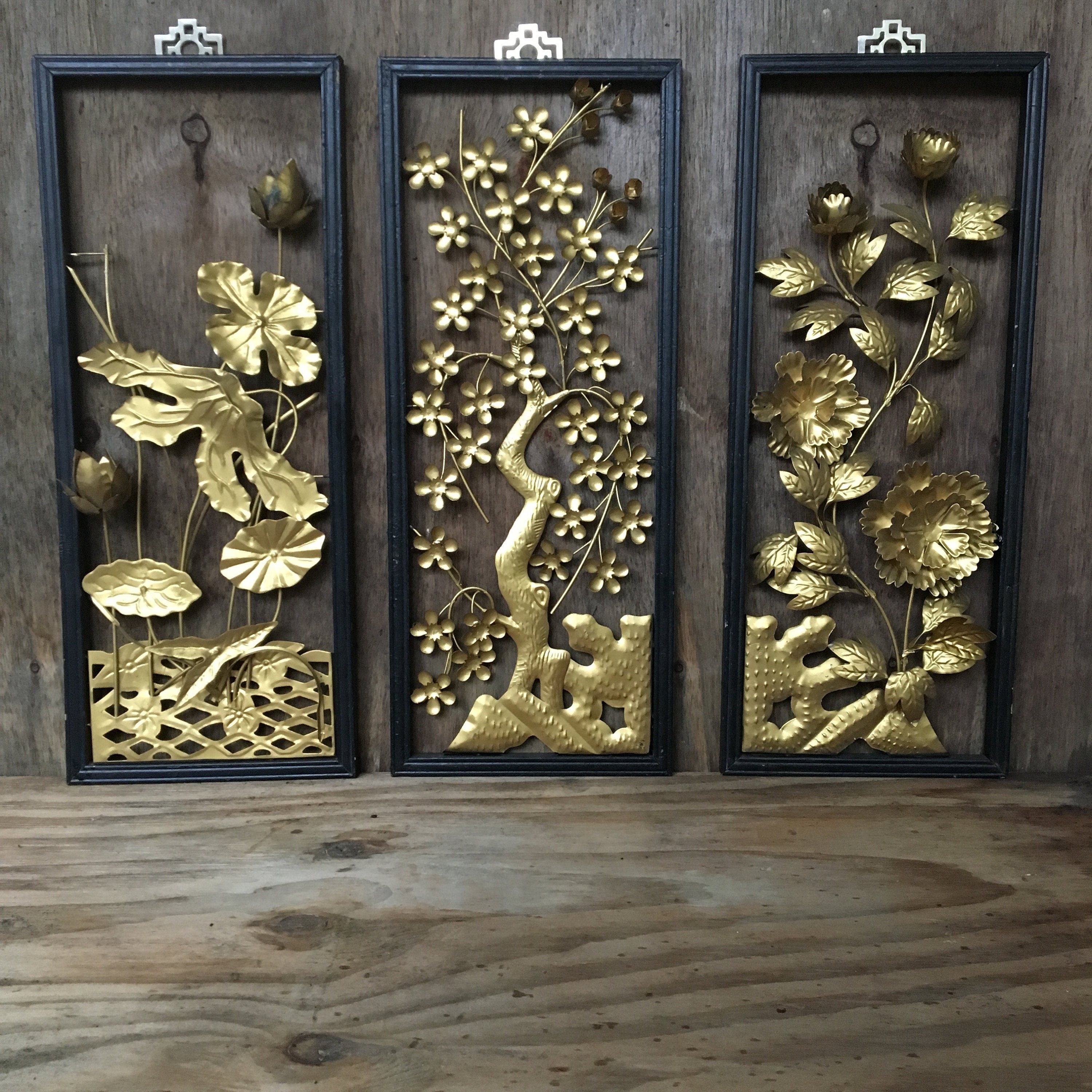 Asian Inspired Metal Floral Triptych // Set of 3 // 3D Art Etsy