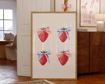 Coquette Pink and Blue Bow Strawberries Digital Wall Art/Poster