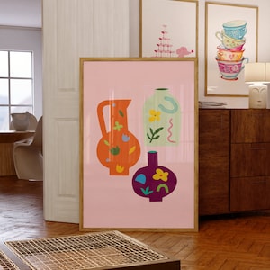 Póster/arte de pared digital con floreros modernos y coloridos de color rosa