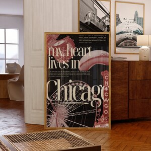 My Heart Lives in Chicago Black&Red Digital Wall Art/Poster