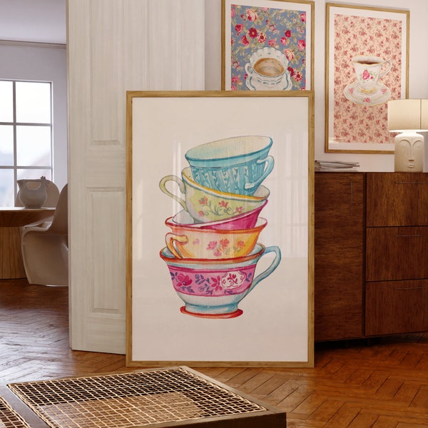 Unique Watercolor Stacked Teacups Wall Art/Poster