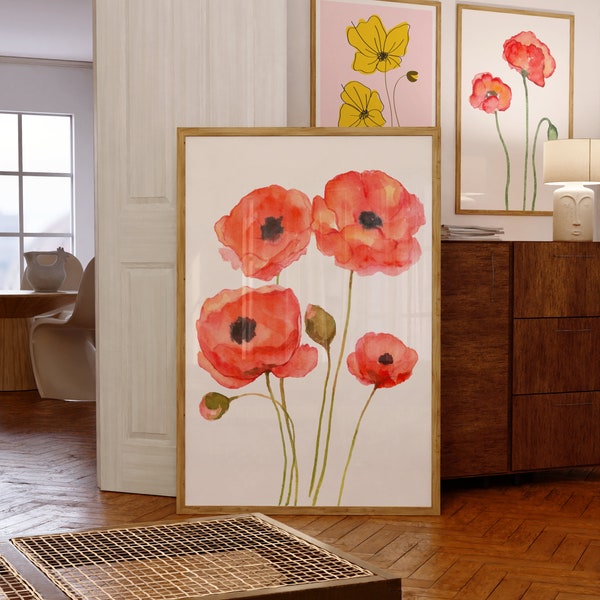 Watercolor Orange&Red Poppy Flowers Digital Wall Art/Poster