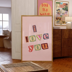 Póster/arte de pared digital con letras de revista Pink I Love You