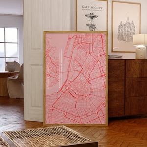 Póster/arte de pared digital con mapa de calles de la ciudad rosa y rojo de Ámsterdam