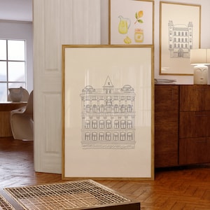 Pale Yellow and Navy Blue Hand Drawn Architecture Digital Wall Art/Poster