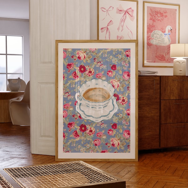 White&Blue Vintage Teacup Blue Floral Linen Digital Wall Art/Poster