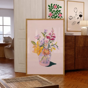 Jarrón lleno de flores rosadas/Arreglo floral Arte de pared en colores pastel al óleo/Póster