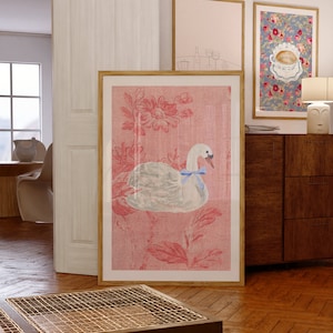 Art mural/poster numérique à fleurs en lin blanc avec noeud de cygne rose