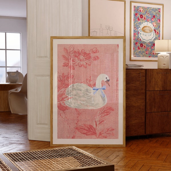 White Swan Bow Pink Floral Linen Digital Wall Art/Poster