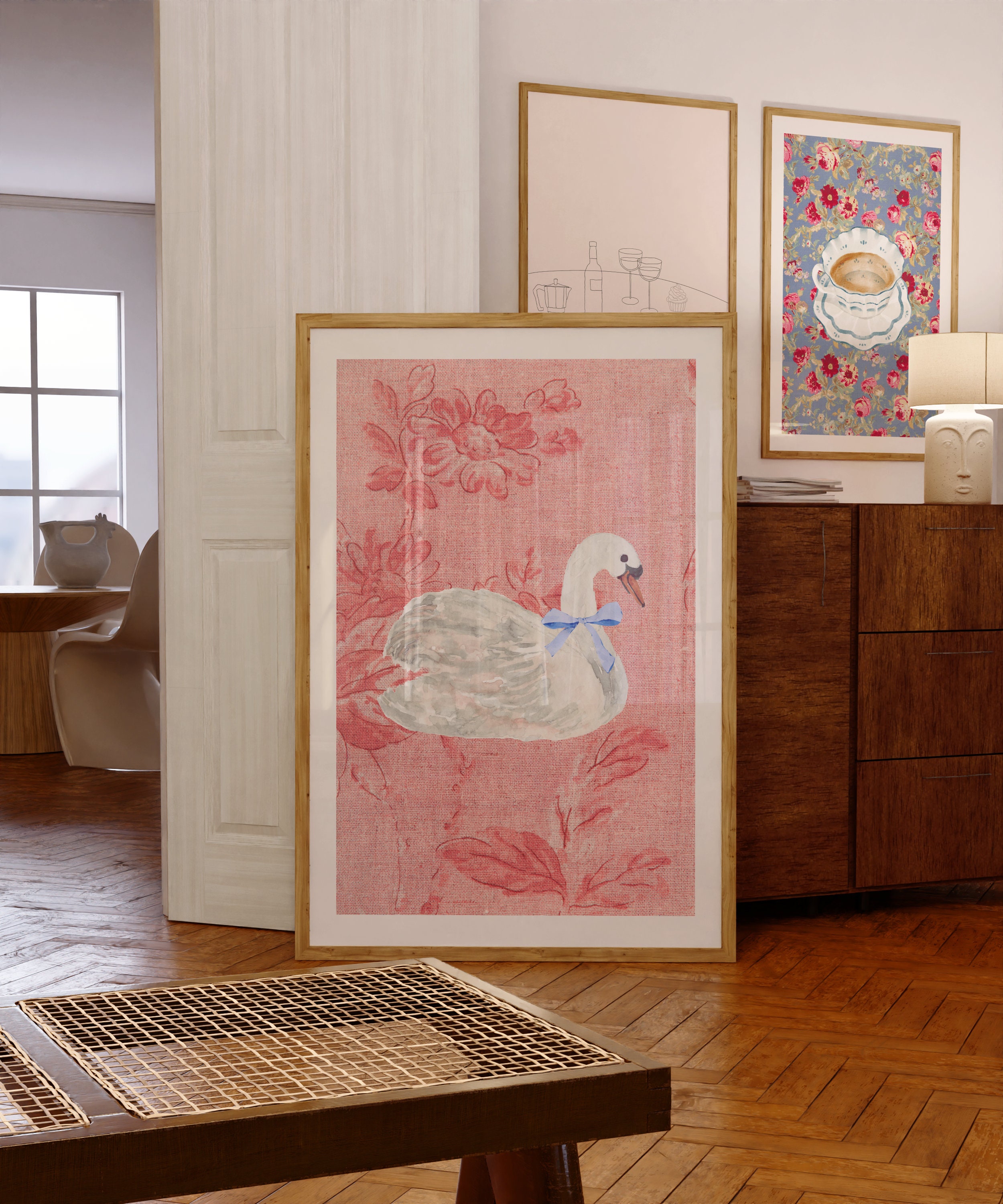 White Swan Bow Pink Floral Linen Digital Wall Art/Poster
