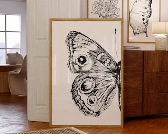 Monochrome Butterfly Wing Sketch Wall Art/Poster