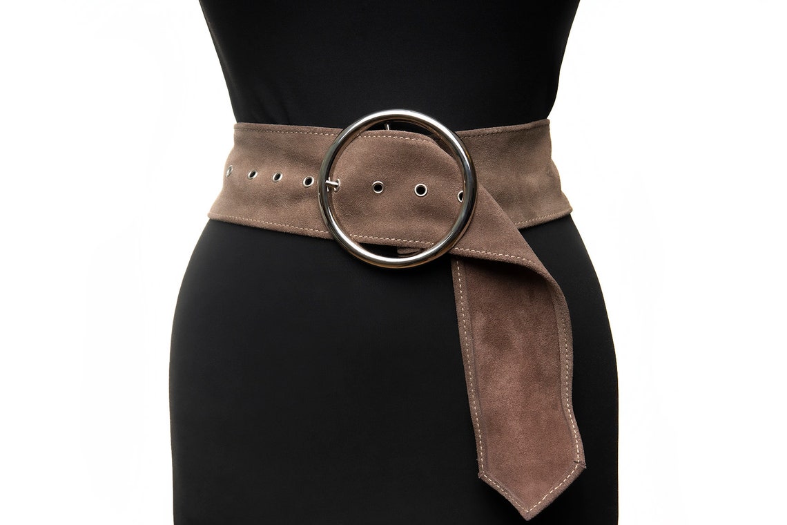 Brown wide suede belt with round buckle for womens Etsy