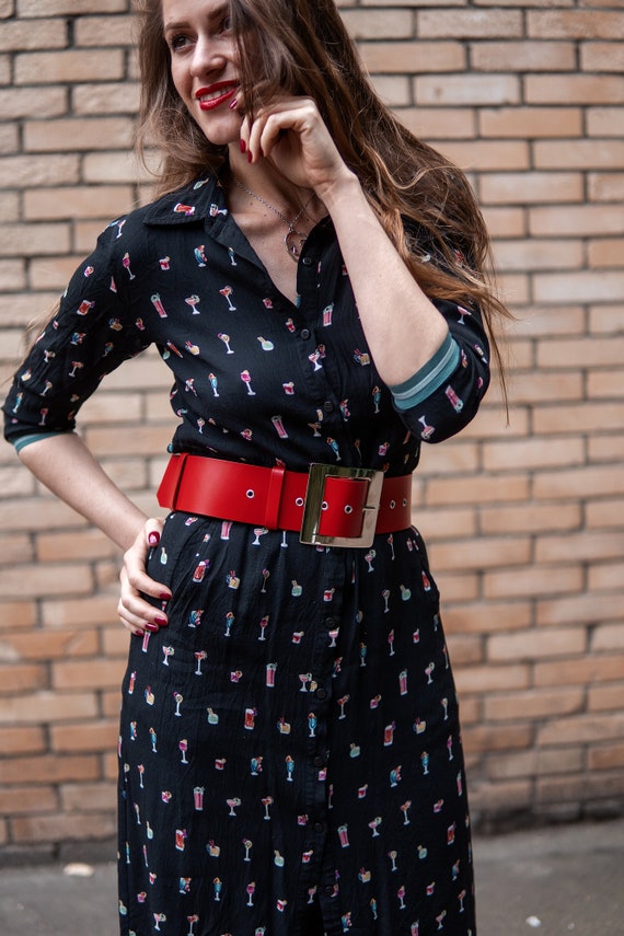 Wide leather belt red belt for women big buckle wide Etsy