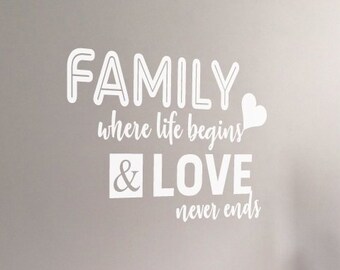 Family where life begins and love never ends wall sticker, Family wall stickers, Family wall quotes, Family wall decor